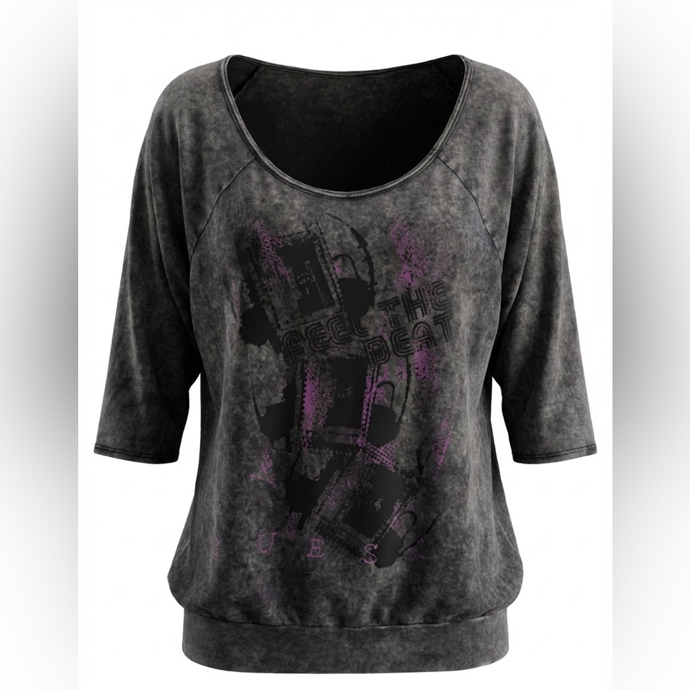 Guess Los Angeles Women’s Graphic Top XL Gray Acid Wash Scoop Neck Rhinestone